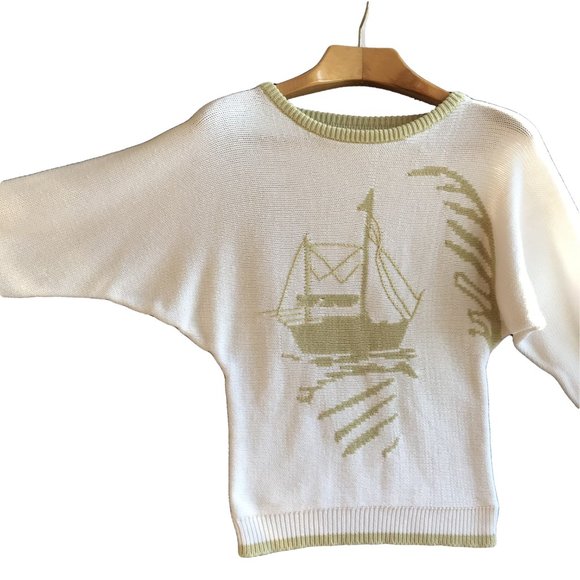 Vintage White & Olive boat sweater Hand Knit women - Picture 3 of 8